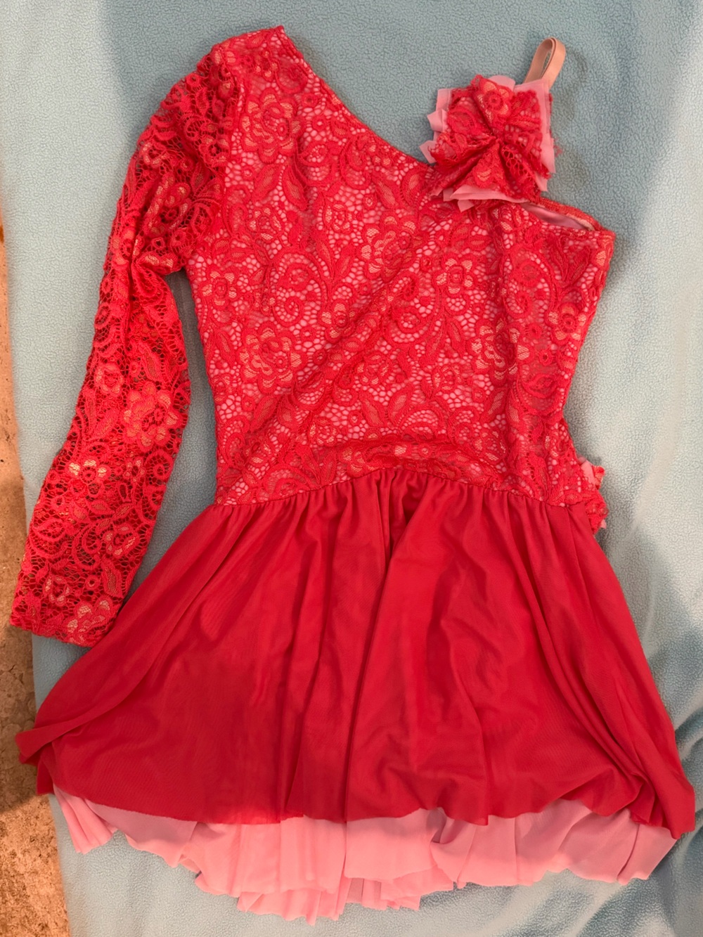 Girls XL Red Lace One-Shoulder Dress with Floral Accent